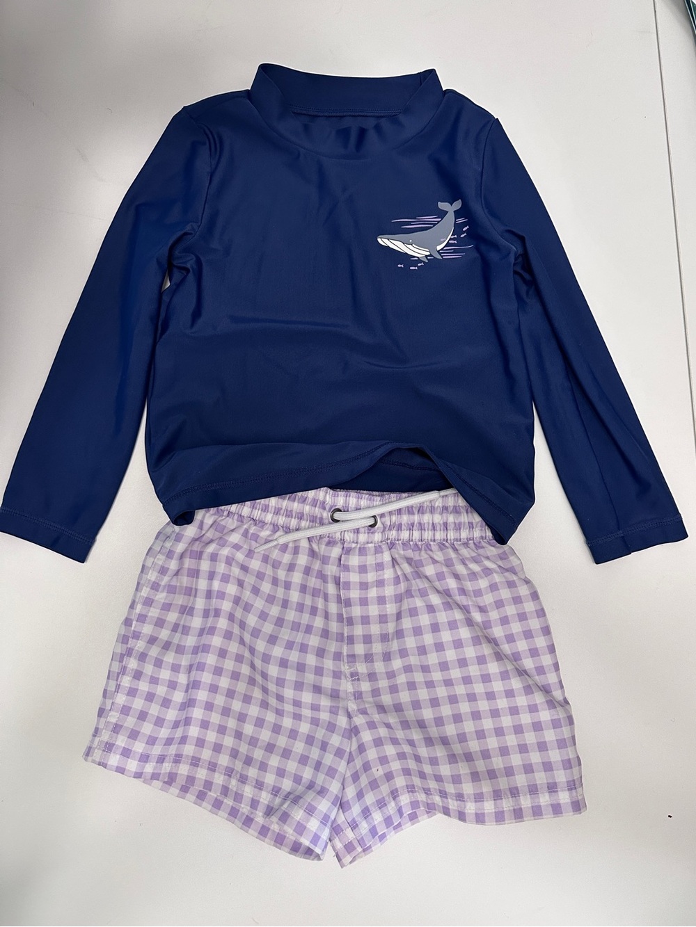 Carter's Toddler Swim Navy Whale Rash Guard with Lavender Gingham Shorts 3T